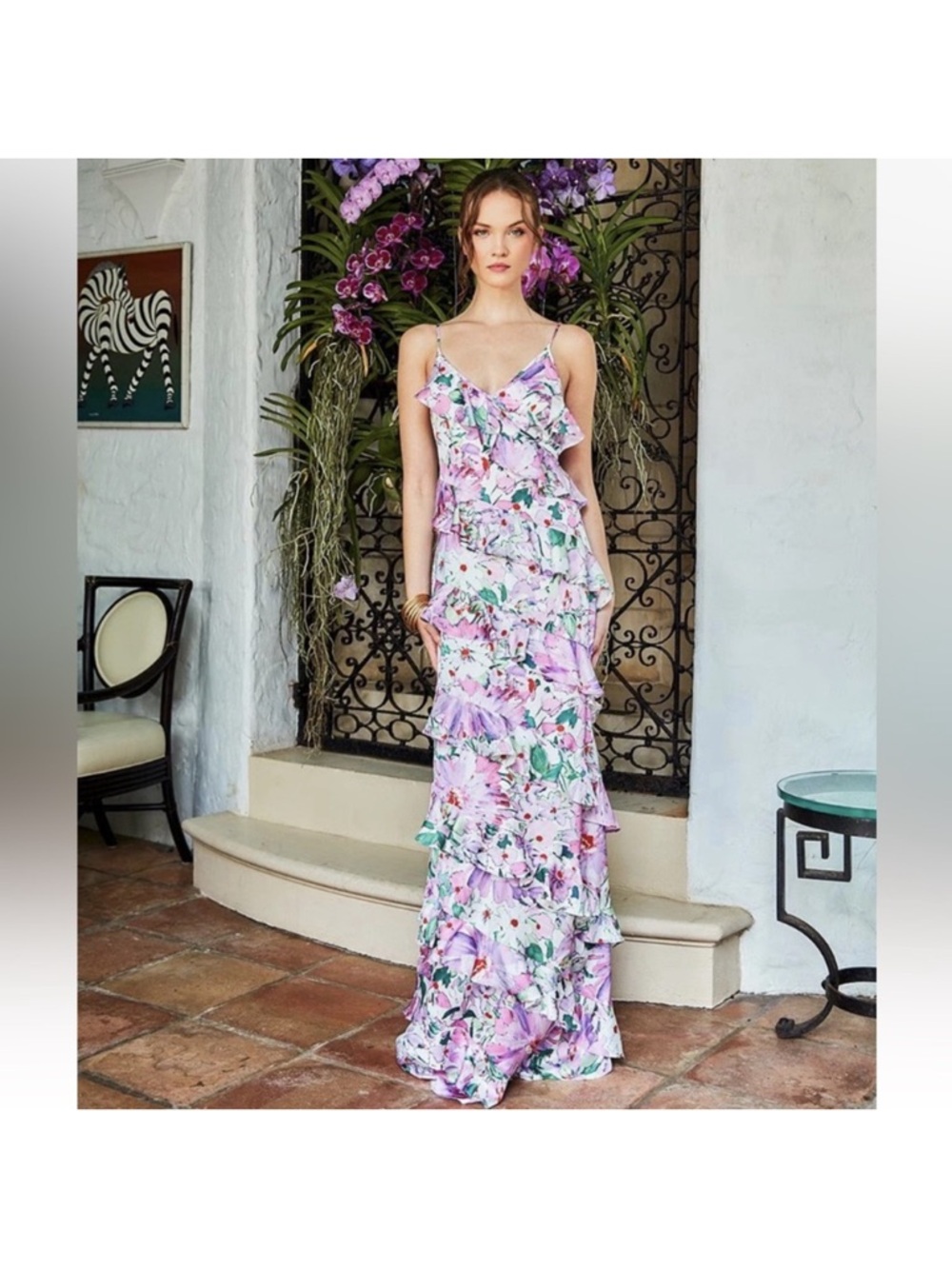 Belle Badgley Mischka Lavender Floral Ruffle Maxi Dress